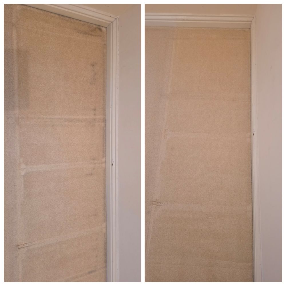 Side-by-side comparison of carpet edges before and after professional cleaning in Ely, showing significant improvement in dark filtration soot lines.