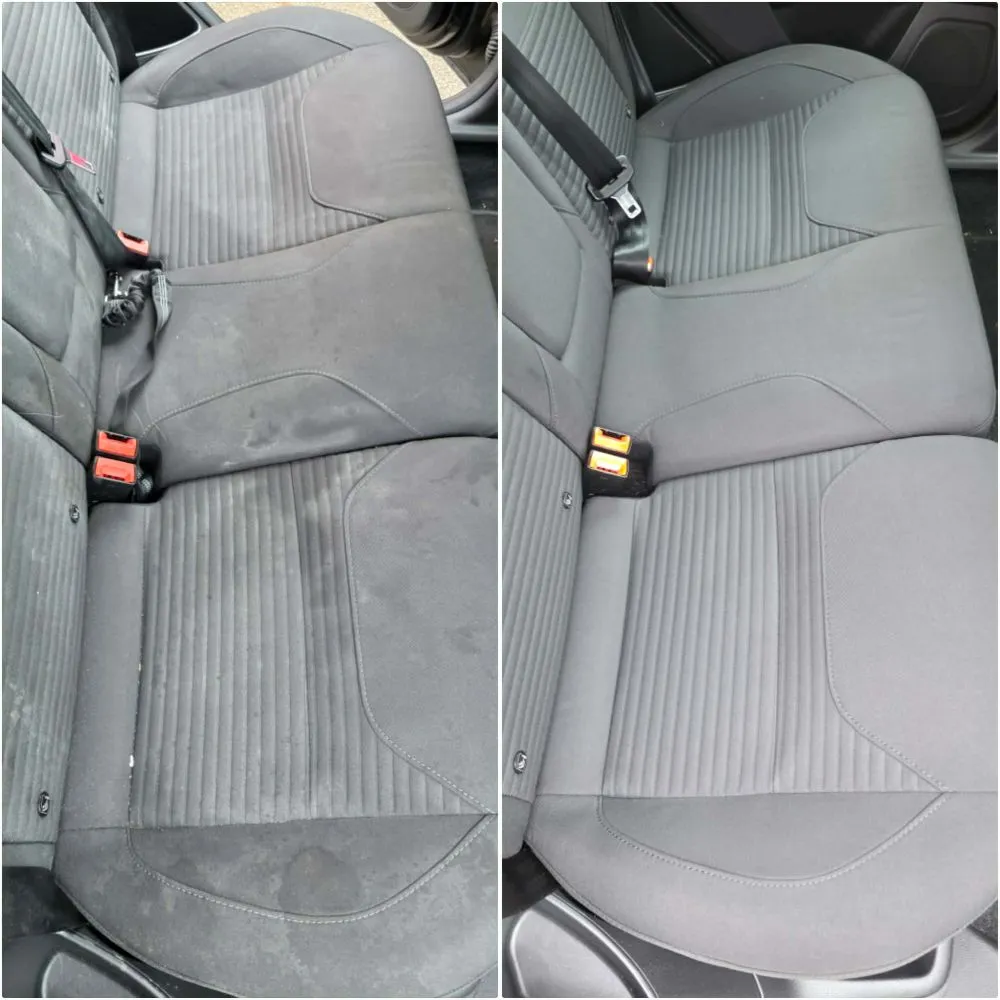 Before and after professional car seat cleaning in Ely showing deep stain removal from fabric car upholstery.