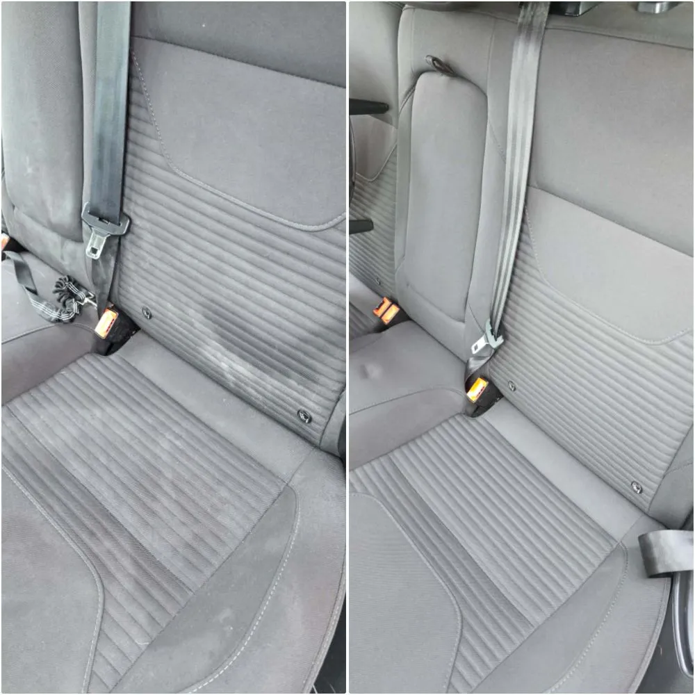 Before and after car seat cleaning showing heavily stained fabric restored with professional extraction cleaning.