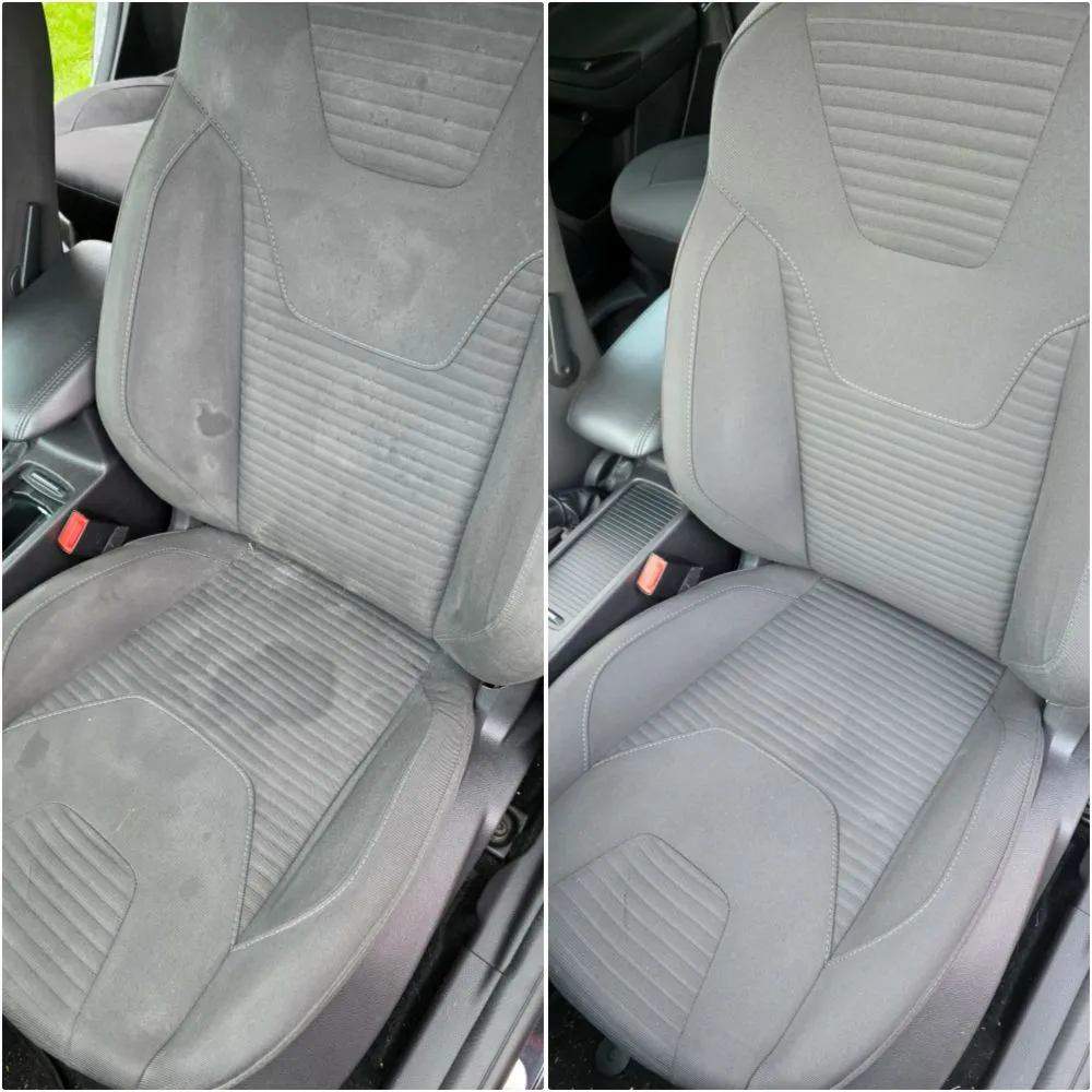 Before and after car seat cleaning showing stain removal by Ely Cleaning Services in Ely