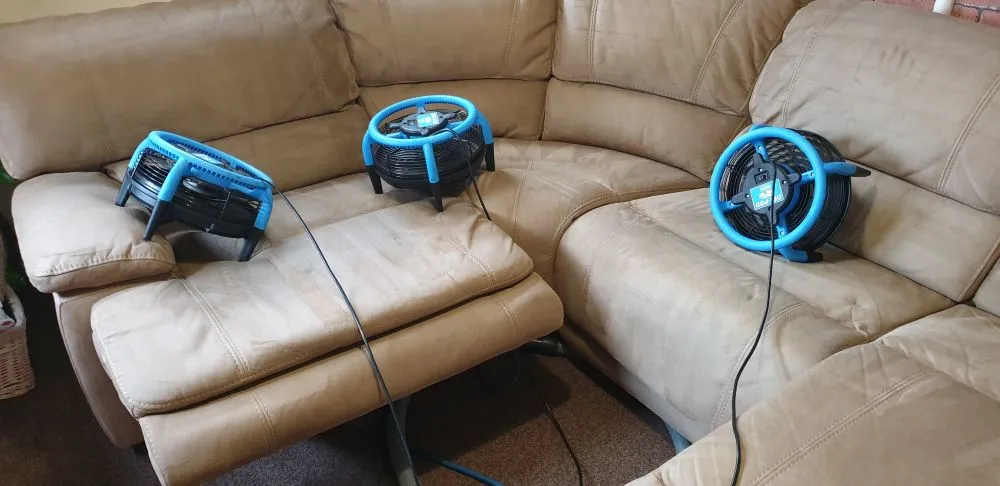 Corner sofa in Cambridge after professional upholstery cleaning, drying with air movers (Dri-Pods)