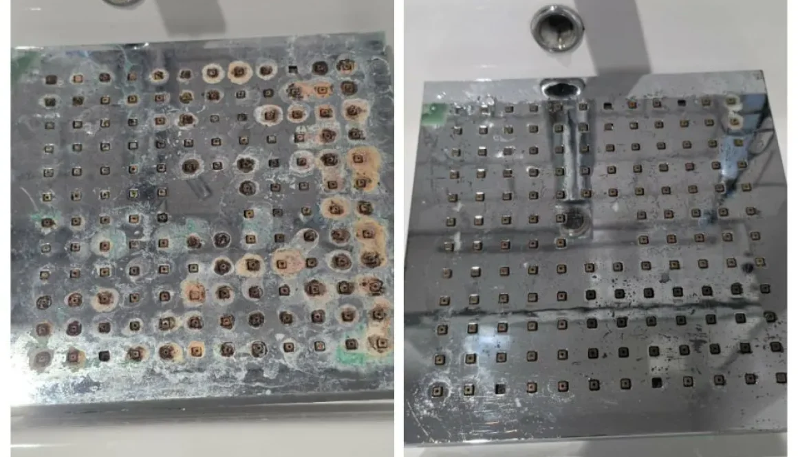 Shower head before and after limescale removal cleaning – heavy mineral build-up removed, restored shine and water flow