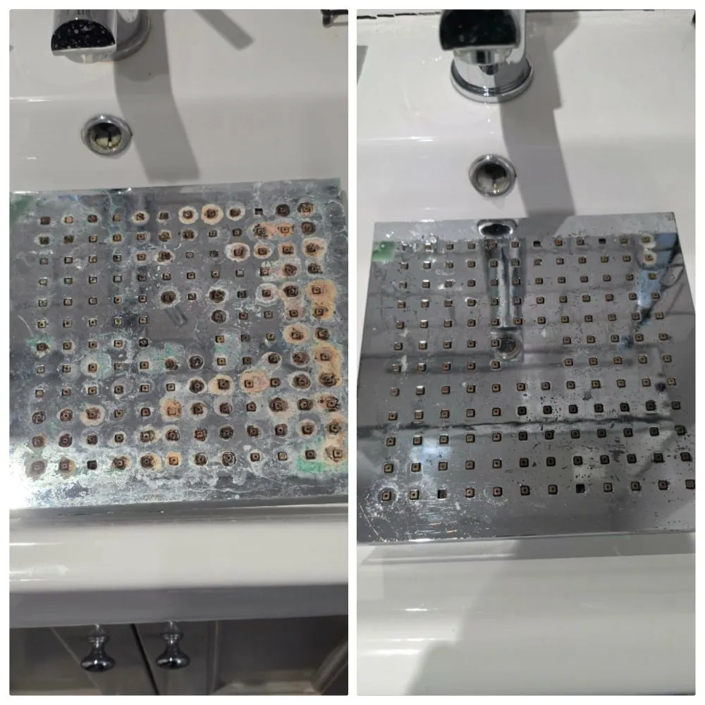 Shower head before and after limescale removal cleaning – heavy mineral build-up removed, restored shine and water flow