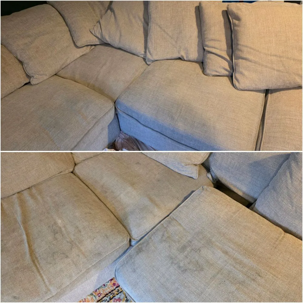 Corner sofa professionally cleaned, showing dramatic before and after results of upholstery cleaning with hot water extraction.