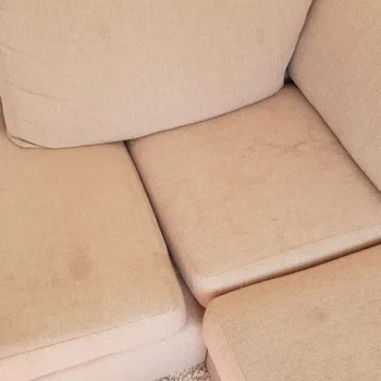 sofa in Soham showing multiple dark stains from daily use and embedded pet hair, ready for professional upholstery cleaning.