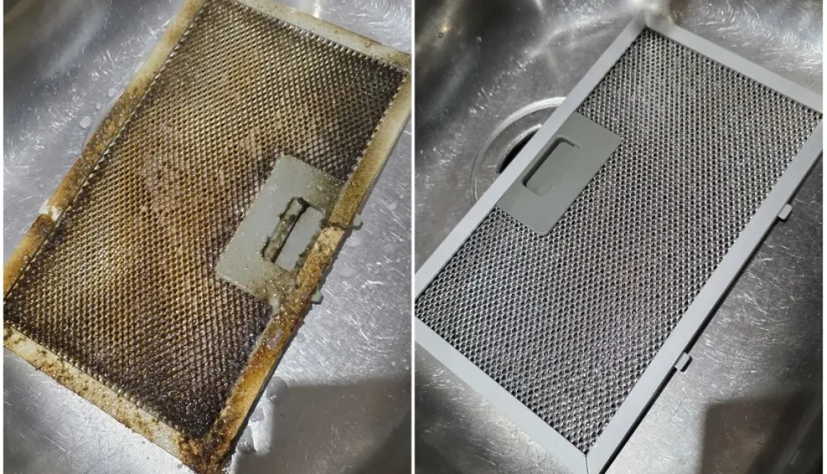 Kitchen Ely – cooker hood filter before and after professional degreasing cleaning, heavy grease buildup completely removed