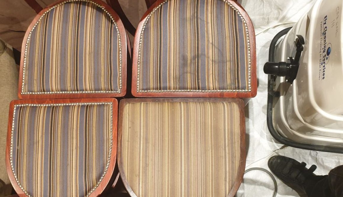 Professional upholstery cleaning in Newmarket - heavily stained fabric dining chairs before deep cleaning treatment.