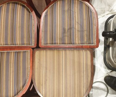 Professional upholstery cleaning in Newmarket - heavily stained fabric dining chairs before deep cleaning treatment.