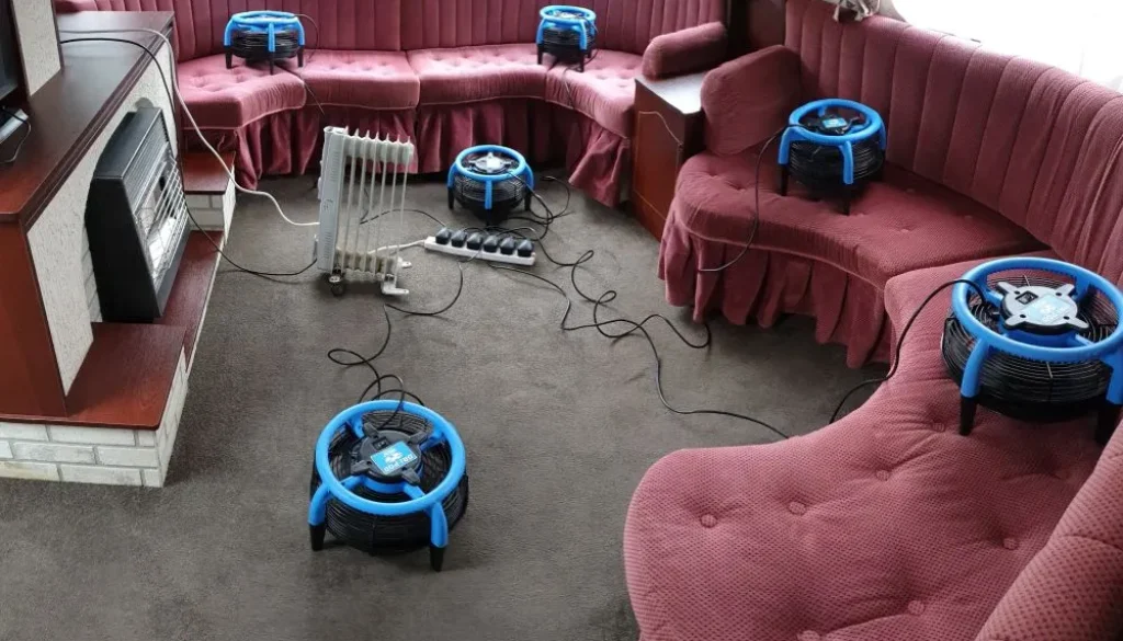 Professional corner sofa cleaning in Newmarket - using Dri-Pod air movers for fast drying.