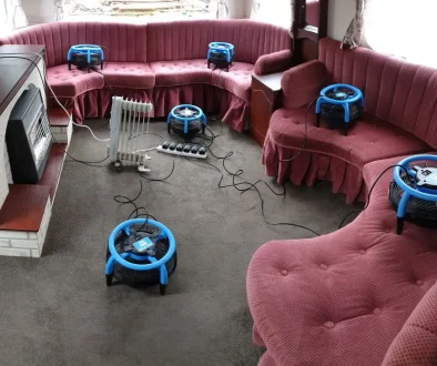 Professional corner sofa cleaning in Newmarket - using Dri-Pod air movers for fast drying.
